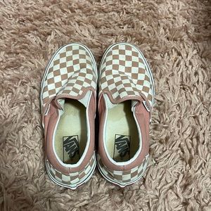 vans slip on sneakers, checkered dusty rose pink and white